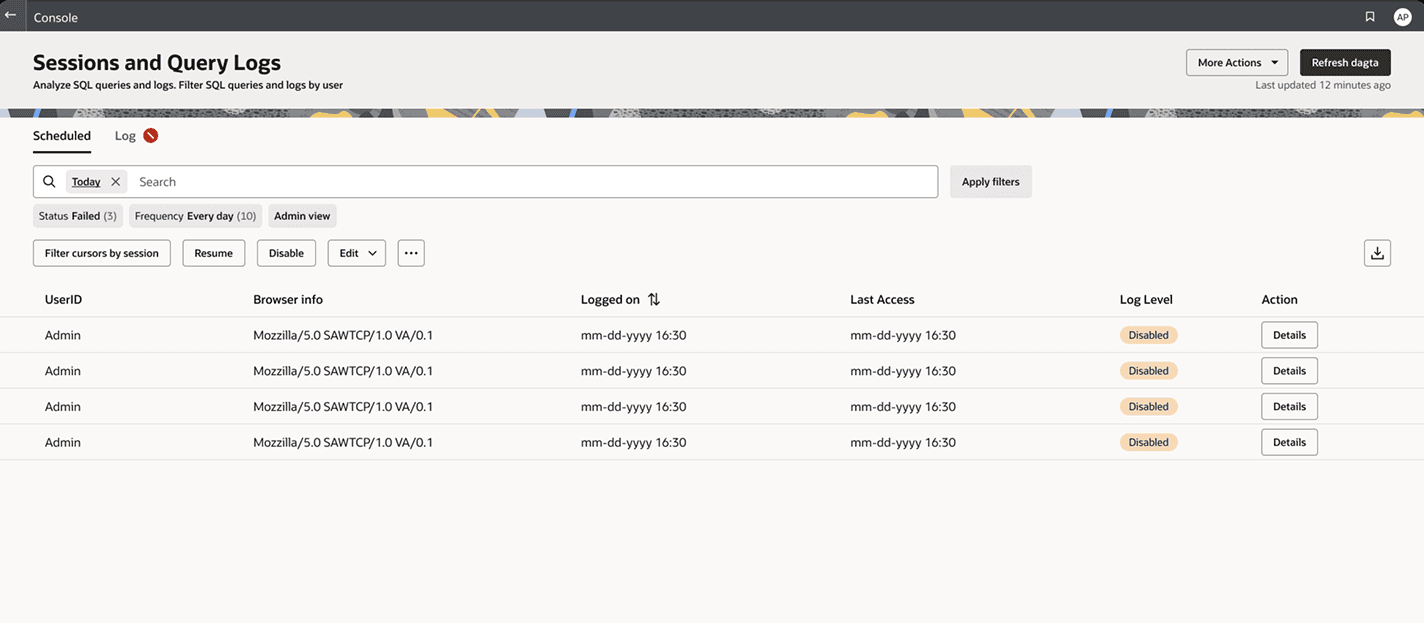 Sessions and Query Logs, rebuilt as a search and filter grid.