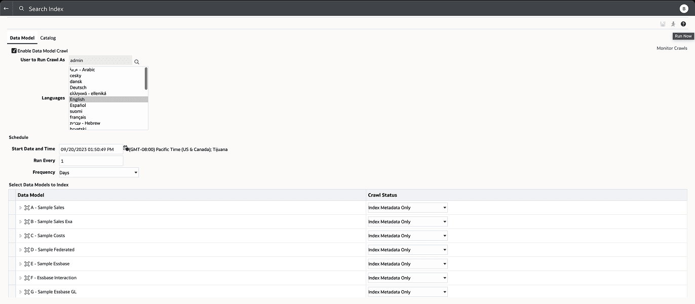 Search Index, before — a form above a nested table.