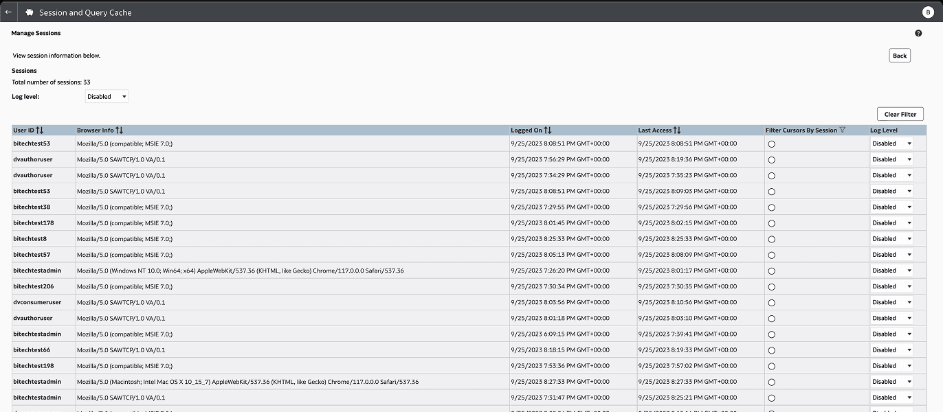 Session and Query Cache, before — a dense unfiltered table.