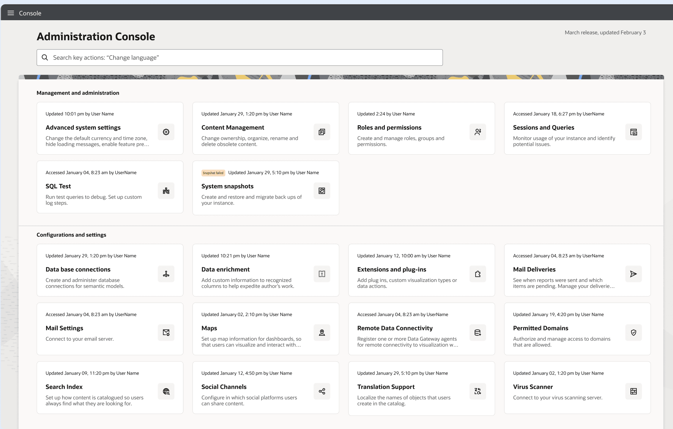 The redesigned console home — a search field above compact cards with descriptions and last-updated metadata, grouped by type of work.