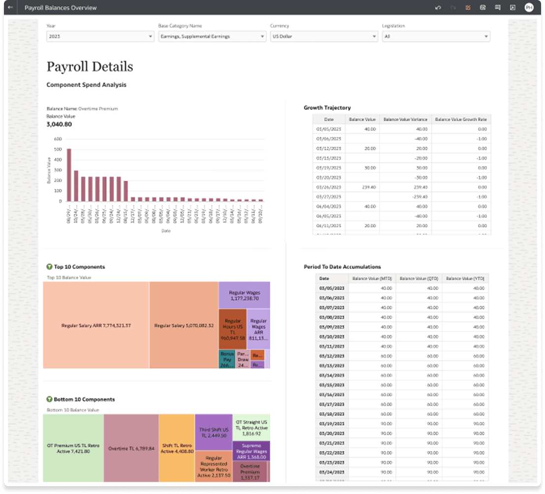 The Payroll Balances Overview dashboard: component spend analysis in a separate reporting tool.